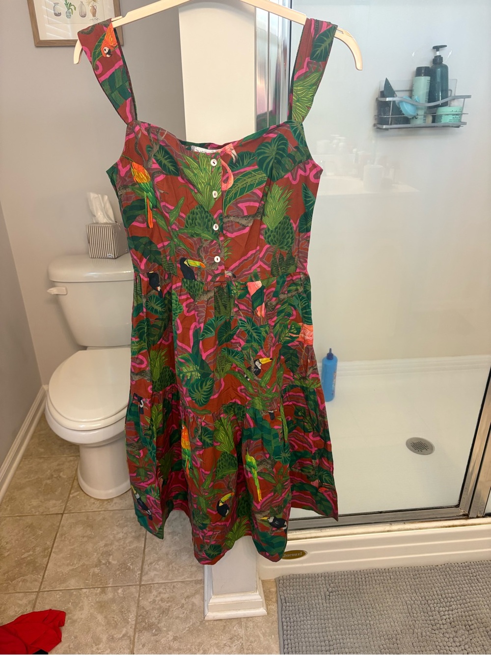 Just Bellina Tropical Jungle Print Midi Dress Toucan Parrot Tiered Summer Medium